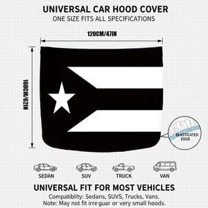 Xalvoria Puerto Rico black and white flag car hood cover size chart showing 47 inch width and 62 inch height