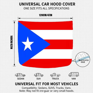 Xalvoria Puerto Rico flag car hood cover size chart showing 47 inch width and 62 inch height with elasticated edge and universal vehicle icons.