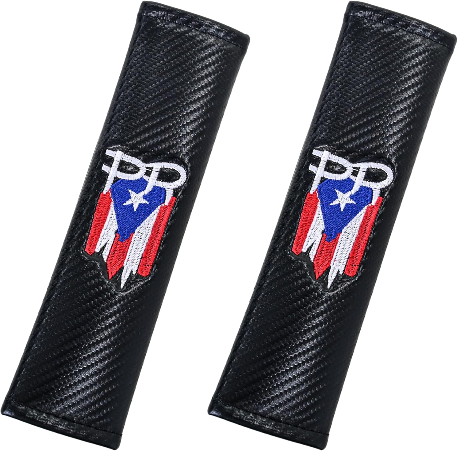 Xalvoria 2-Pack black carbon-fiber style seat belt covers with PR embroidery and Puerto Rico flag design.