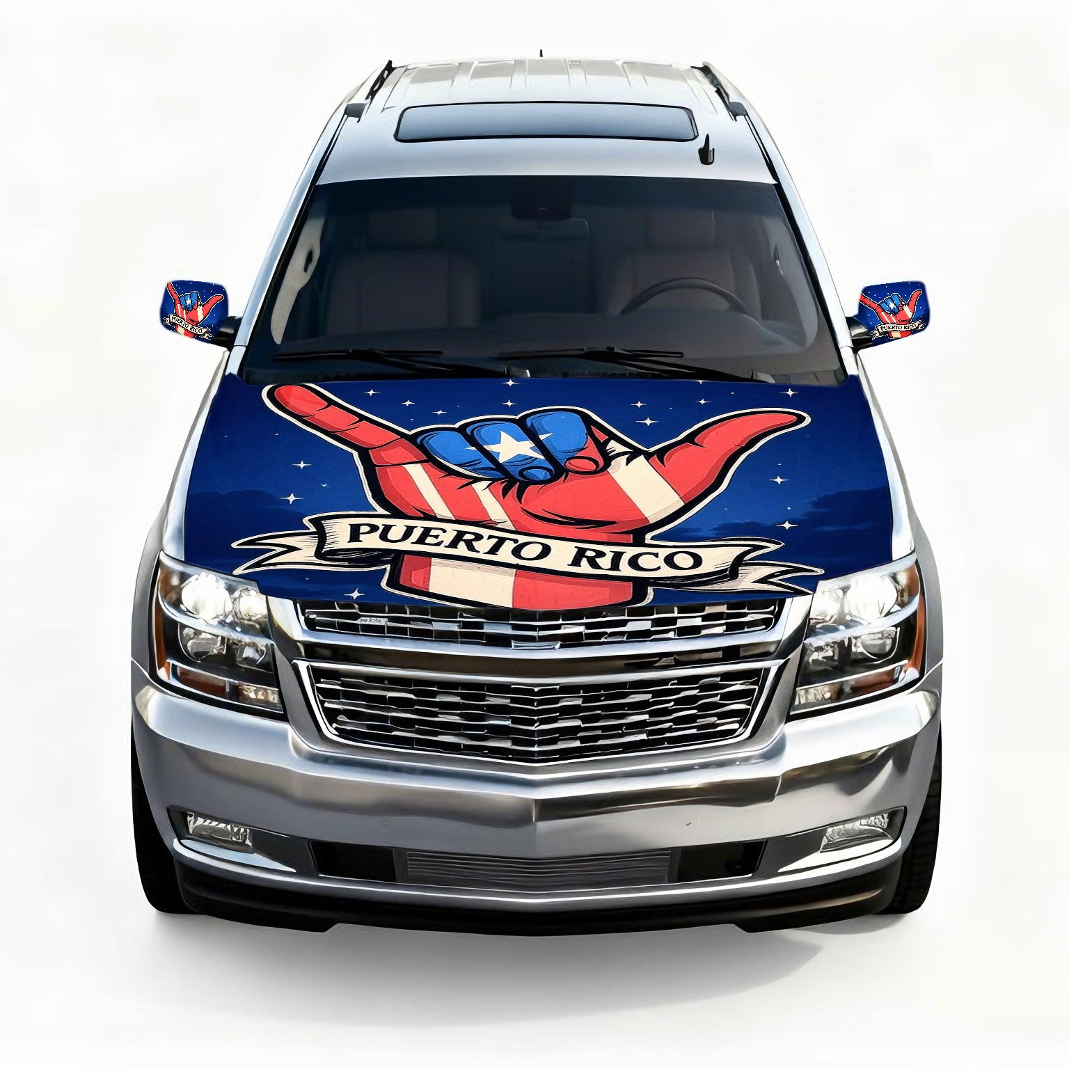 Xalvoria Puerto Rico shaka hand car hood cover displayed on an SUV with matching mirror covers