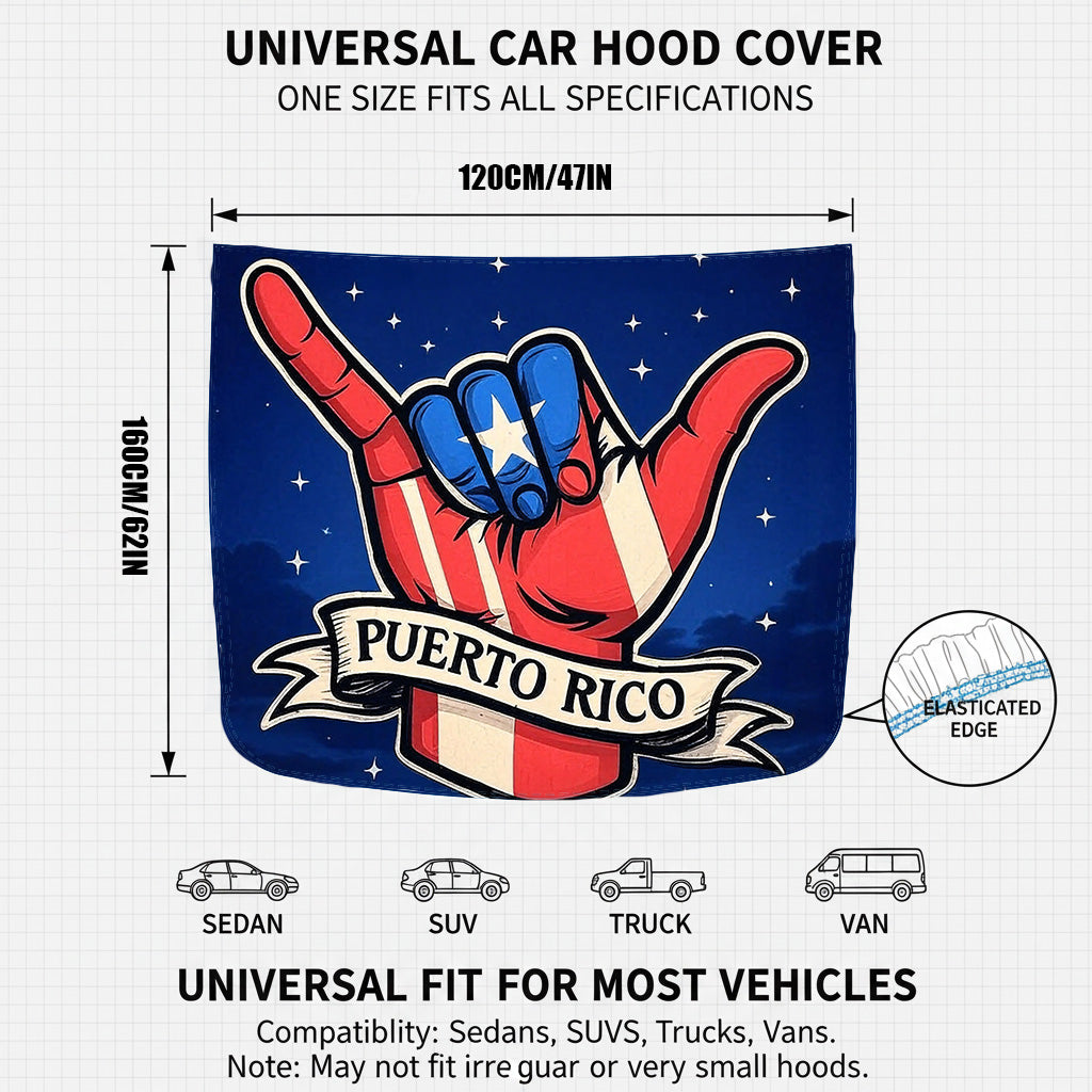 Xalvoria Puerto Rico shaka hand car hood cover size chart showing 47in width and 62in height