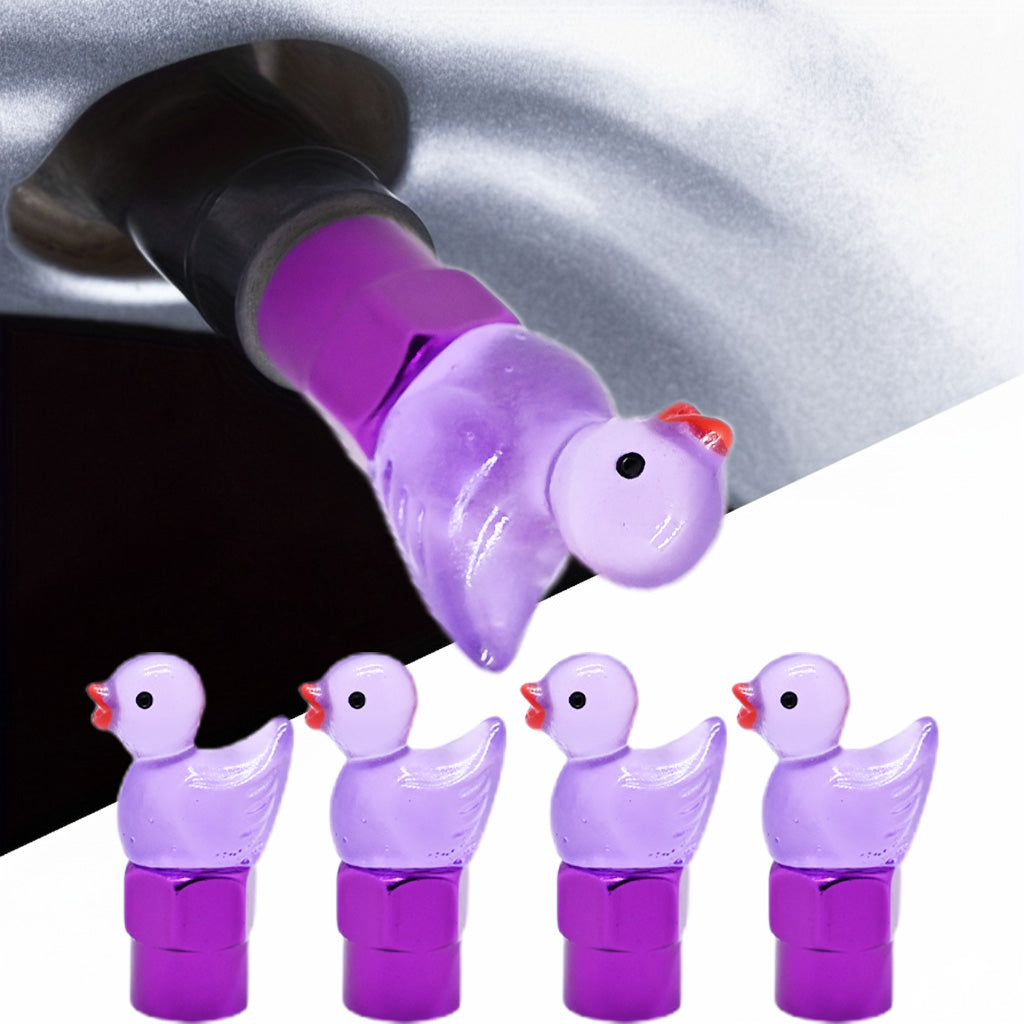 Xalvoria purple duck valve stem caps 4-pack shown on a vehicle rim