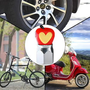 Xalvoria red Apple Core valve stem cap displayed in multiple lifestyle scenarios including cars, bicycles, and scooters.
