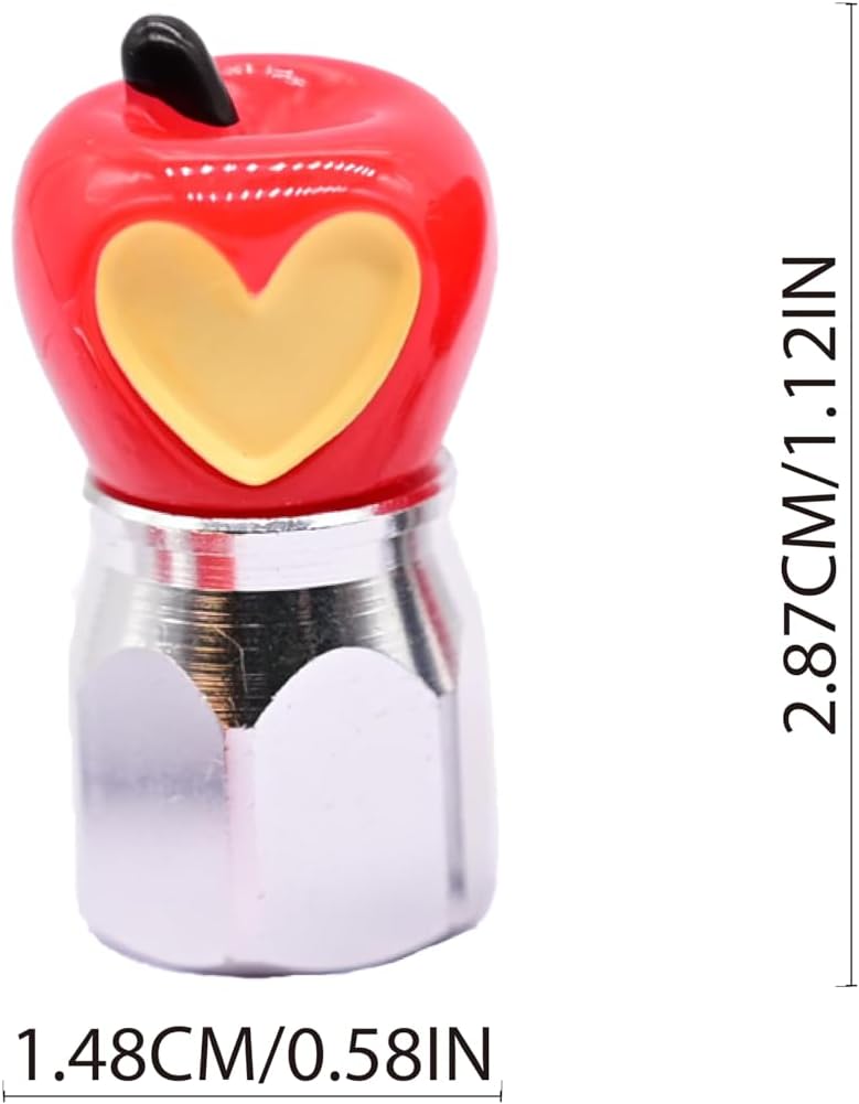 Xalvoria red apple core valve stem cap size chart showing 1.12 inch height and 0.58 inch width.