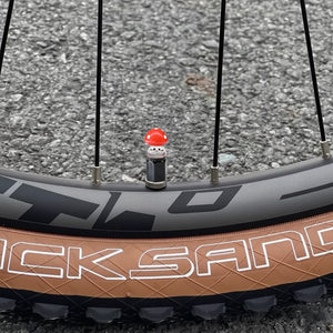 Xalvoria red Mushroom valve stem cap installed on bicycle wheel valve stem.