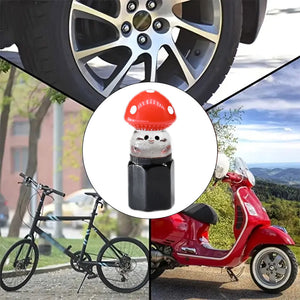 Xalvoria red Mushroom valve stem cap shown on cars, bicycles, and scooters for multi-vehicle compatibility.