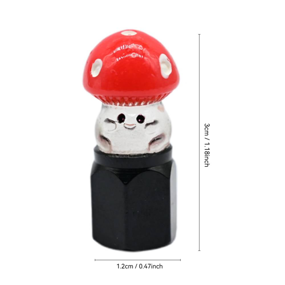 Xalvoria red Mushroom valve stem cap size chart showing 1.18 inch height and 0.47 inch width.
