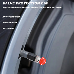 Xalvoria red Mushroom valve stem cap displayed on vehicle wheel showing waterproof and anti-corrosion features.