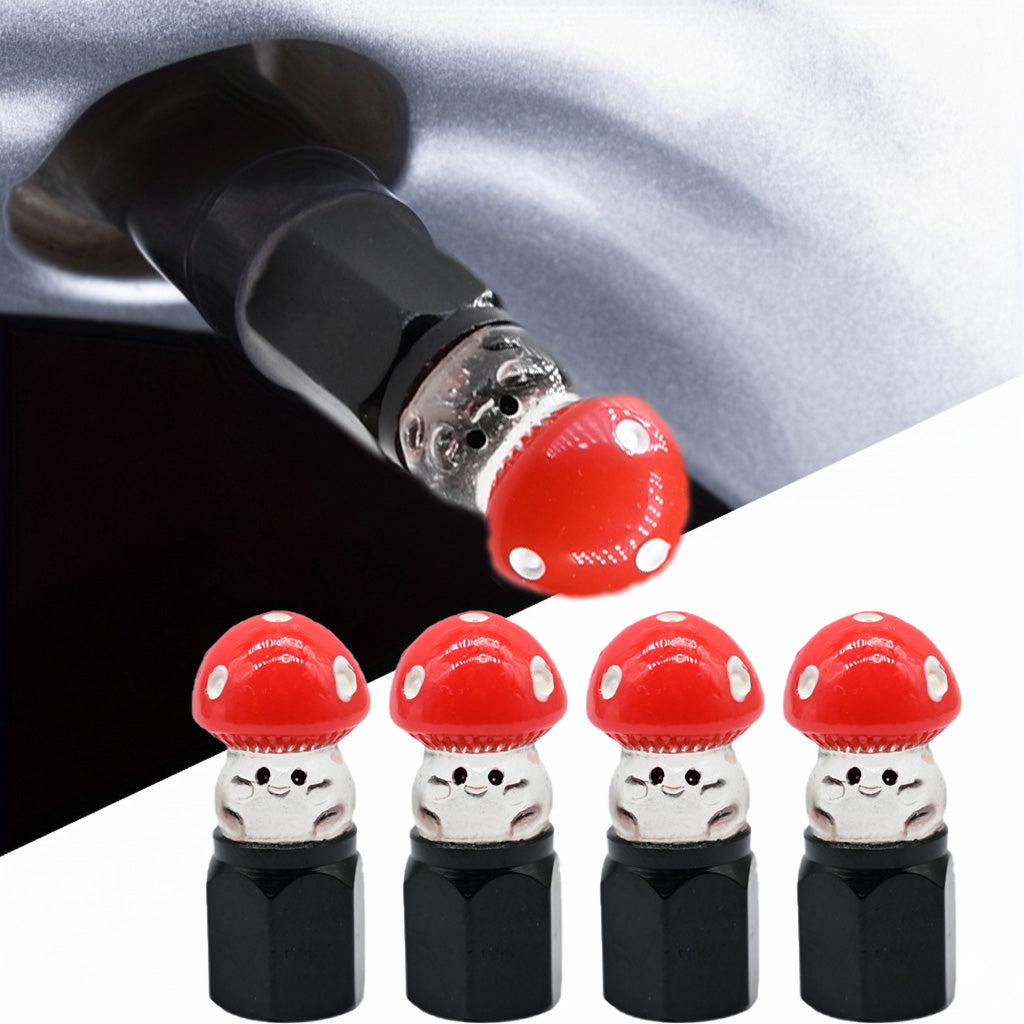 Xalvoria red Mushroom valve stem caps 4-pack with black base, featuring a cute red toadstool topper for cars, bikes, and motorcycles.