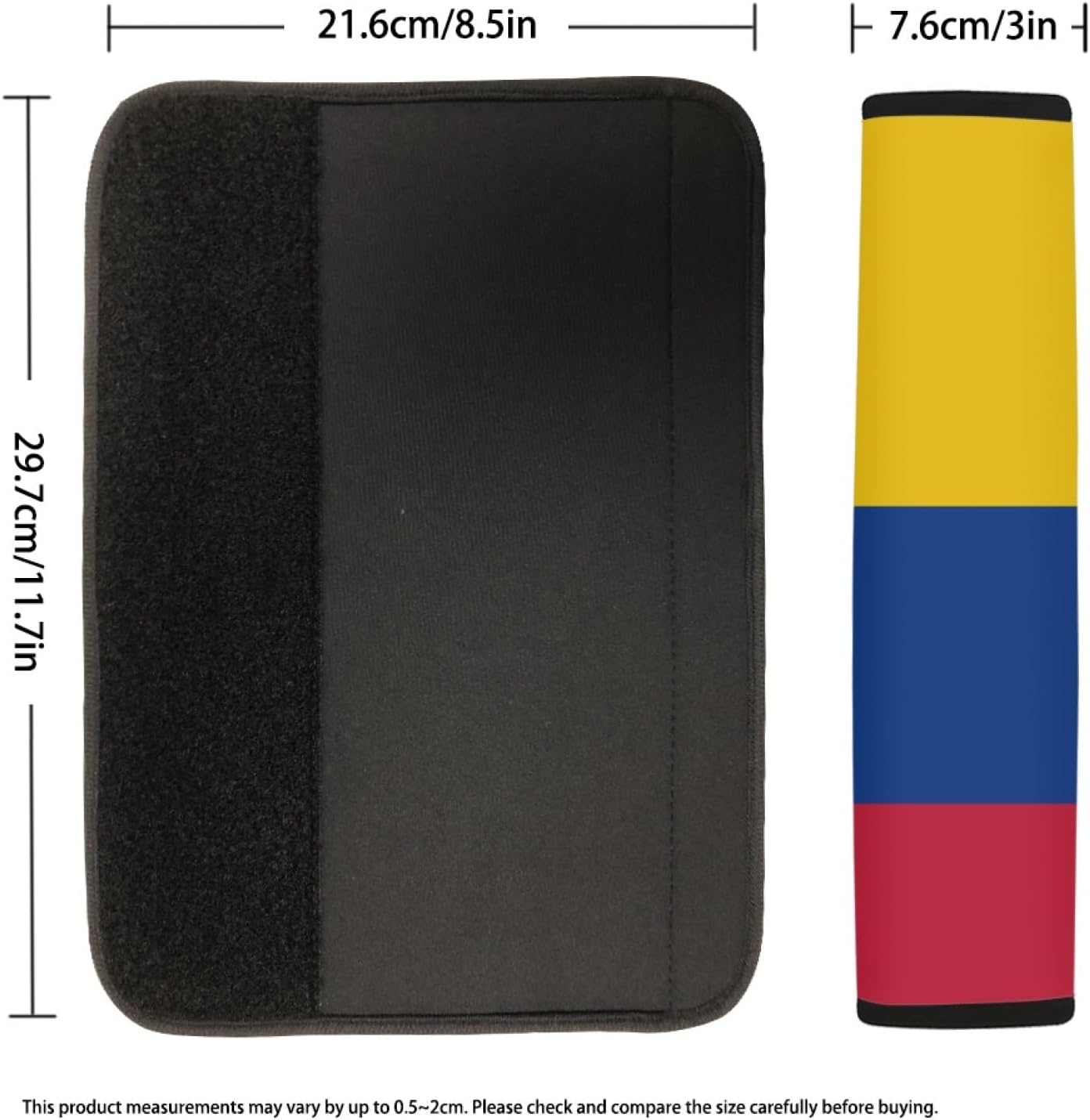 Xalvoria seat belt shoulder pad size chart showing unfolded dimensions 11.7 inches tall by 8.5 inches wide
