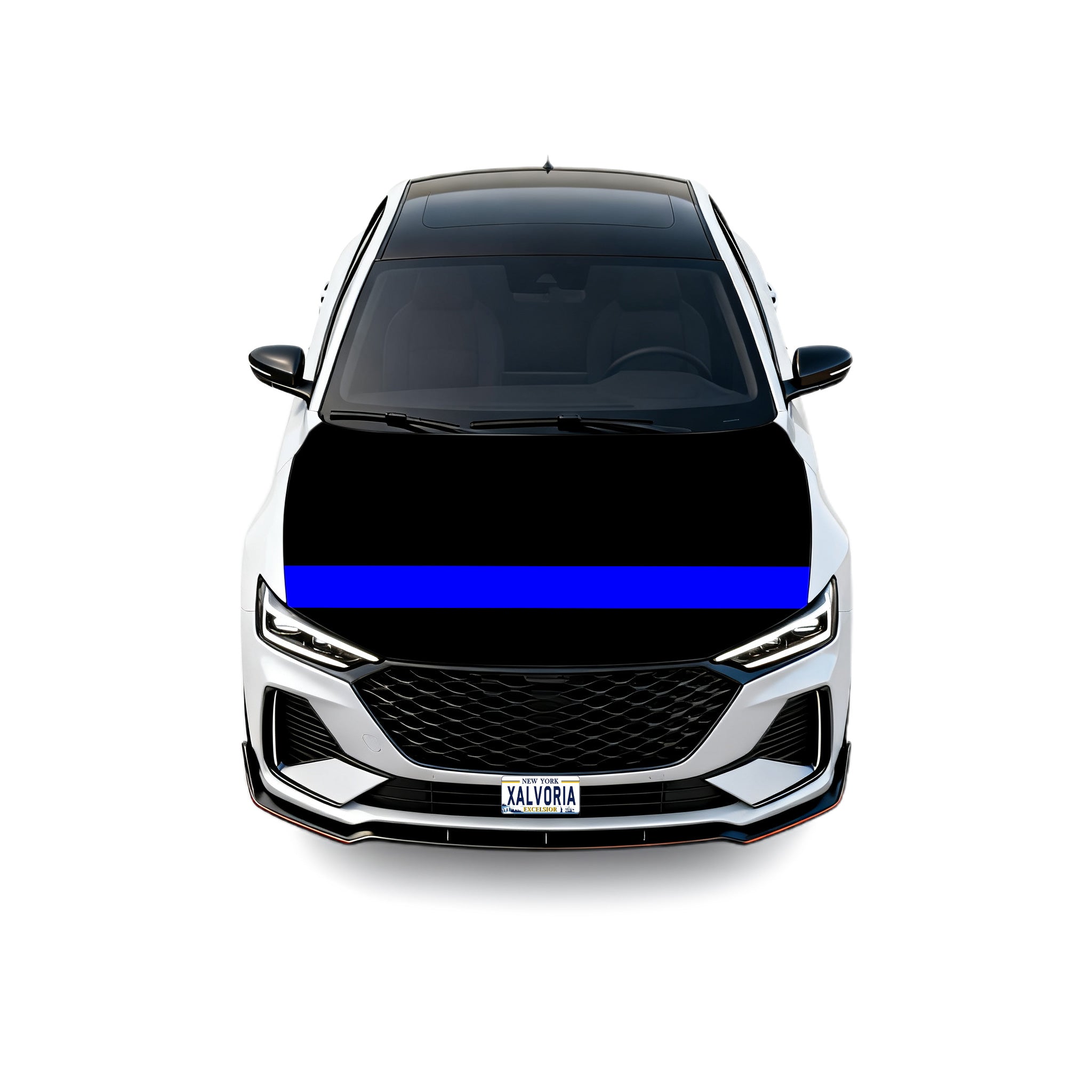 Xalvoria Thin Blue Line car hood cover in black with a bold blue stripe, displayed on a white sedan in a clean front-view layout.