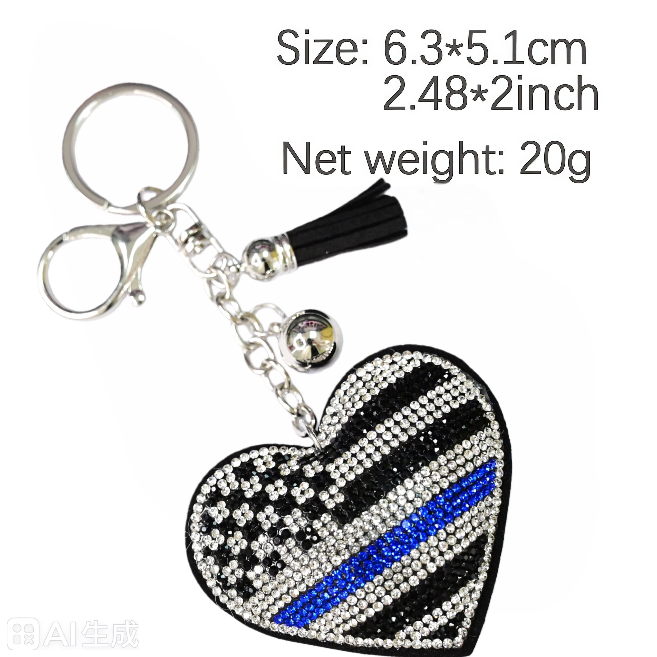 Xalvoria Thin Blue Line rhinestone heart keychain, size 6.3×5.1cm (2.48×2in), net weight 20g