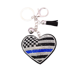 Xalvoria Thin Blue Line rhinestone heart keychain with tassel and silver clasp on clean white background