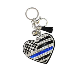 Xalvoria Thin Blue Line heart keychain with rhinestone American flag design, front view