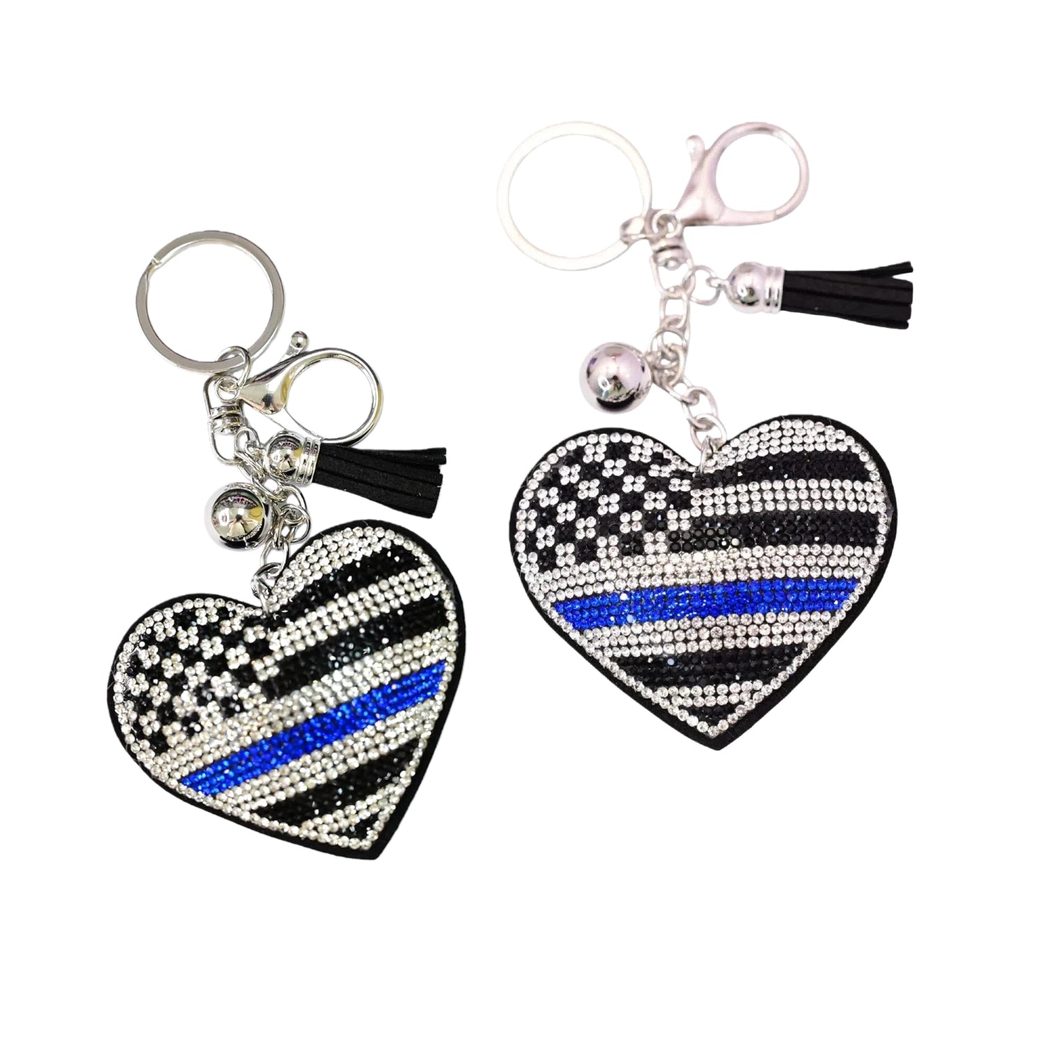 Xalvoria Thin Blue Line rhinestone heart keychain with tassel and silver clasp