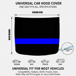 Thin Blue Line universal car hood cover size chart showing 47in width and 62in height, elasticated edge detail, and compatibility with sedans, SUVs, trucks, and vans.