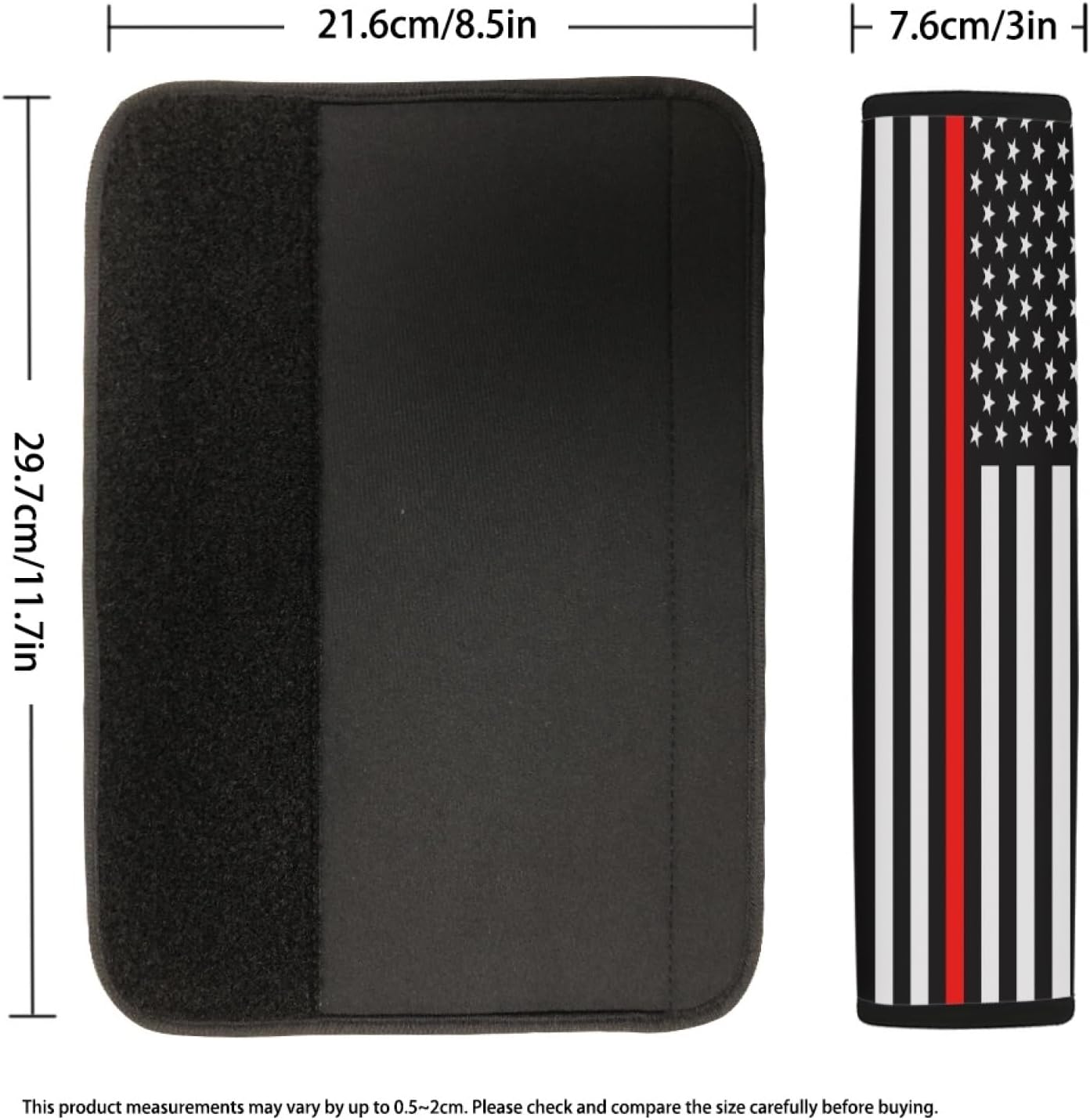 Xalvoria Thin Red Line seatbelt cover size chart showing 8.5in width and 11.7in length.