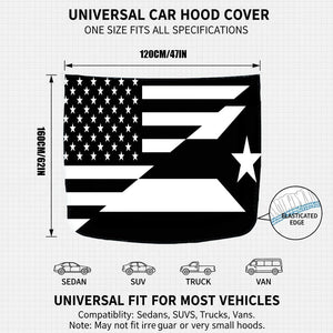 Xalvoria USA and Puerto Rico flag car hood cover size chart showing 47 inch width and 62 inch height