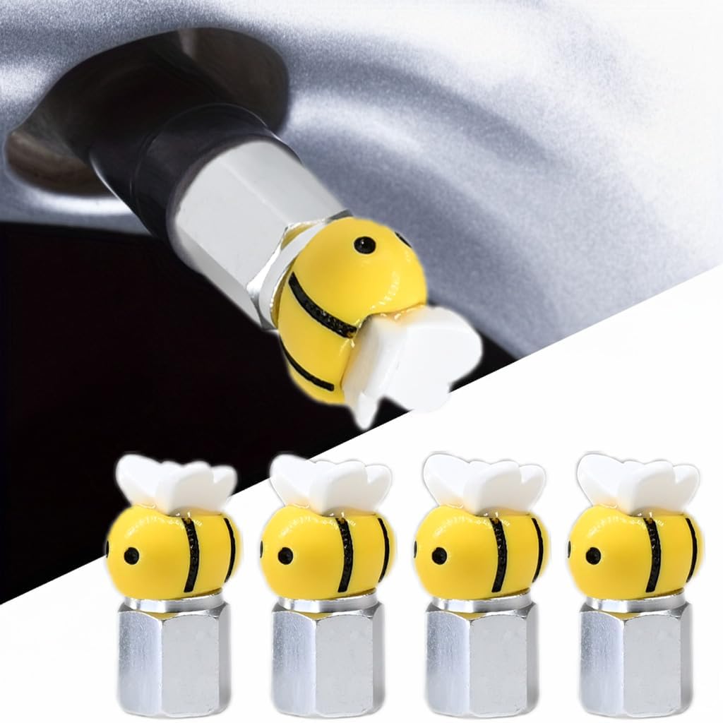 Xalvoria yellow bee valve stem caps 4-pack with resin bee toppers on silver metal bases.