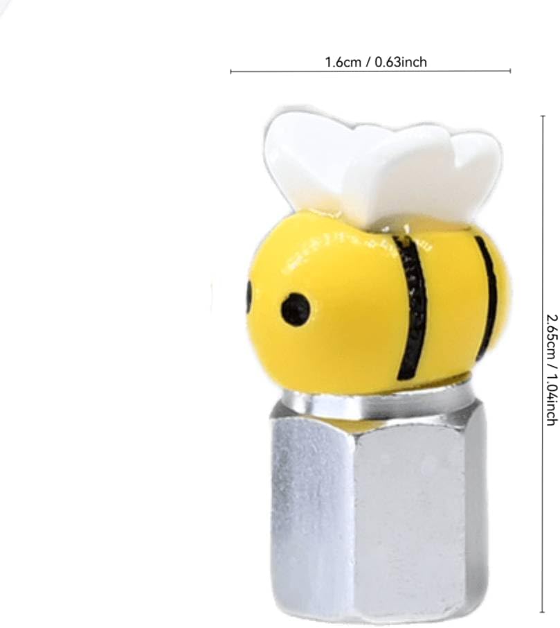 Xalvoria yellow bee valve stem cap size chart showing 1.04 inch height and 0.63 inch width.