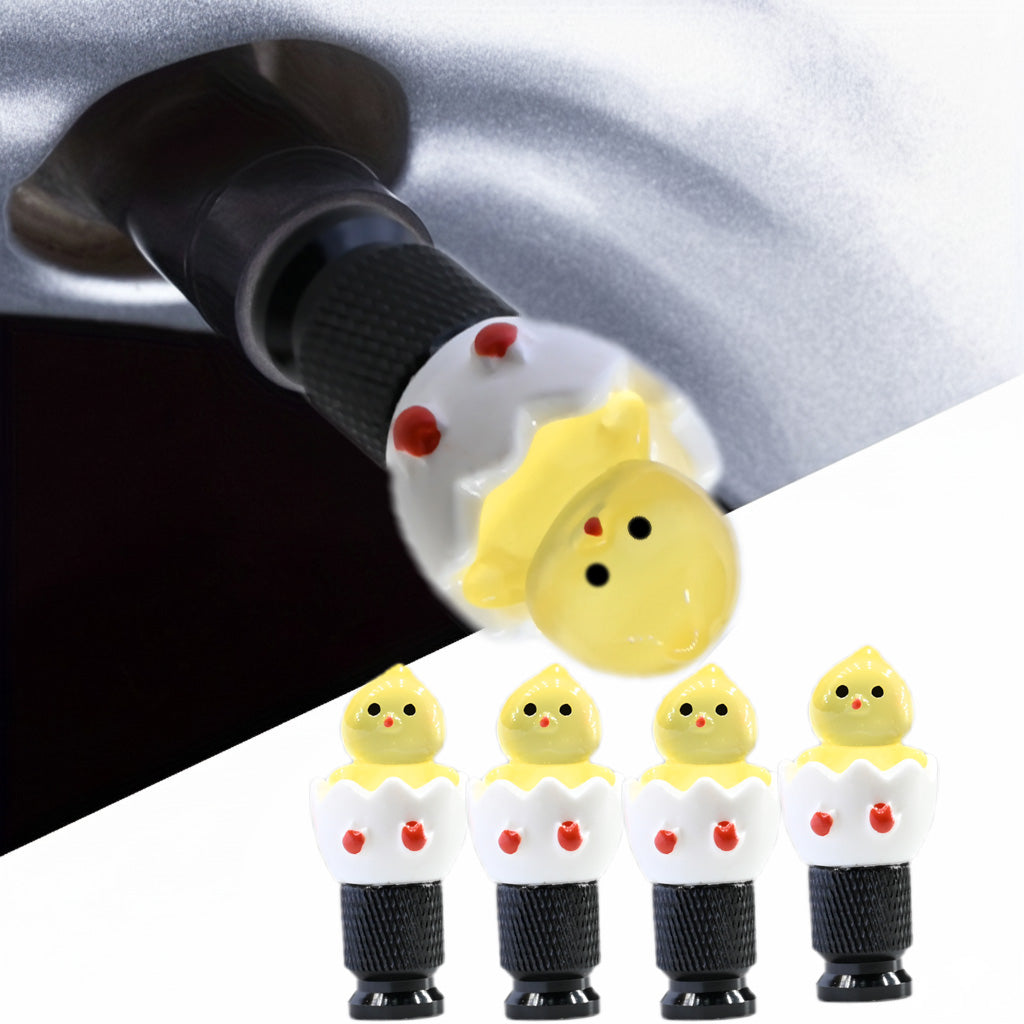 Xalvoria yellow hatching chick valve stem cap 4-pack display with installation close-up