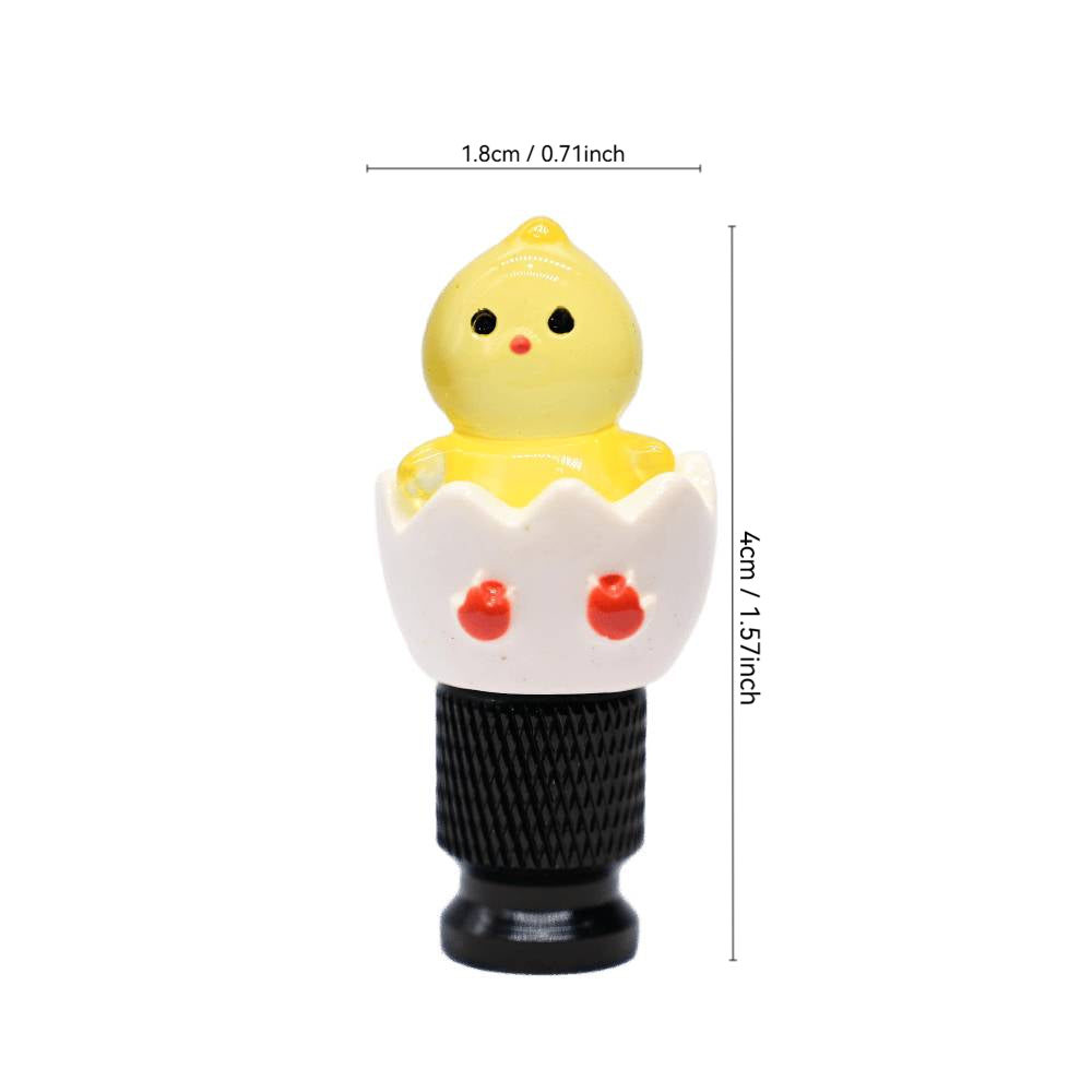 Xalvoria yellow hatching chick valve stem cap size chart showing 0.71in width and 1.57in height