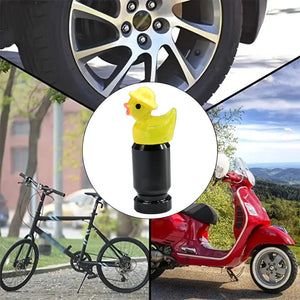 Yellow duck valve stem cap shown for use on cars, bicycles, and scooters, highlighting universal compatibility.