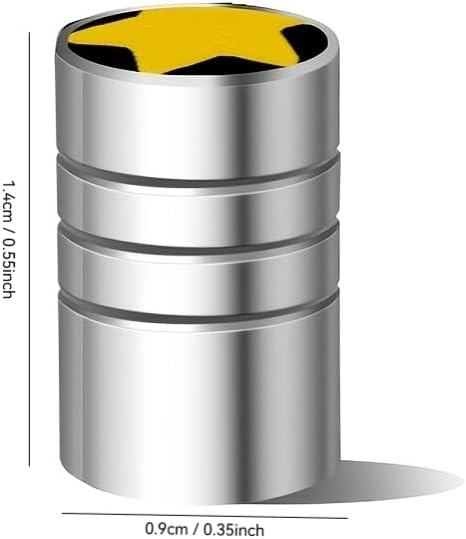 Size chart of the metal chrome valve stem cap with a yellow star design, measuring 1.4 cm in height and 0.9 cm in diameter.