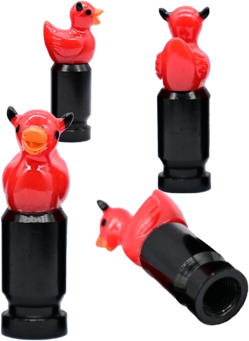 4-Pack Red Devil Duck Valve Stem Caps for Schrader Valves, Glossy Finish, Durable Metal Base, Fun Car, Bike & SUV Tire Accessories, Auto Tire Decoration for Enthusiasts