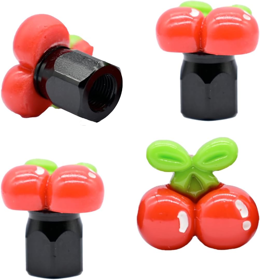 4-Pack Cute Cherry Tire Valve Stem Caps, Handmade Car & Bike Accessory, Fun & Unique Tire Decoration, for Car Enthusiasts, Fits Schrader Valves