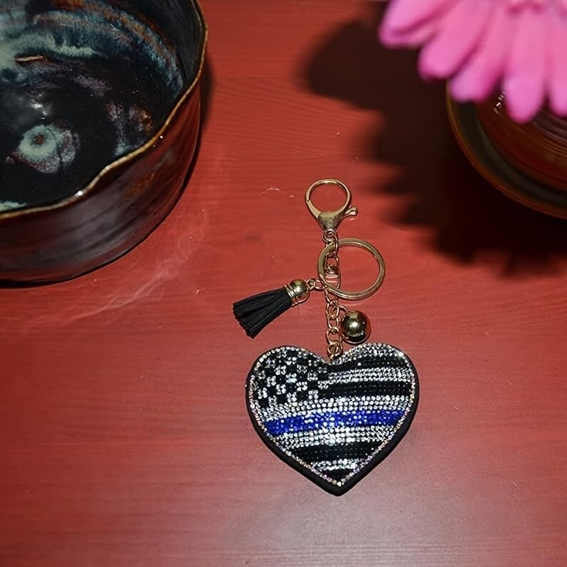 2-Pack Thin Blue Line Heart Keychain - Rhinestone Embellished Accessory for Law Enforcement - Perfect for Keys, Bags, or Backpacks - 2.48 x 2 Inches