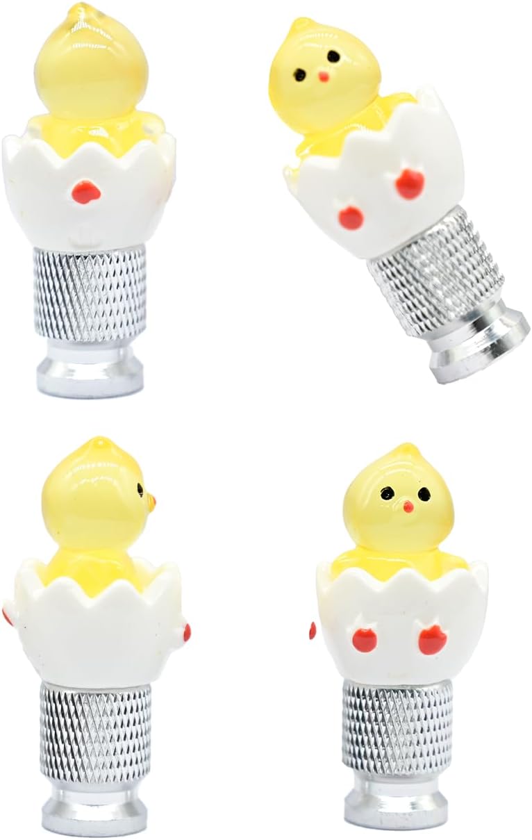 4-Pack Handmade Silver Base Yellow Eggshell Chicken Valve Stem Caps for Schrader Valves, Fun & Unique Car and Bike Accessory, Cute Tire Decoration, Novelty Wheel Accent, Ideal Gift for Car Enthusiasts