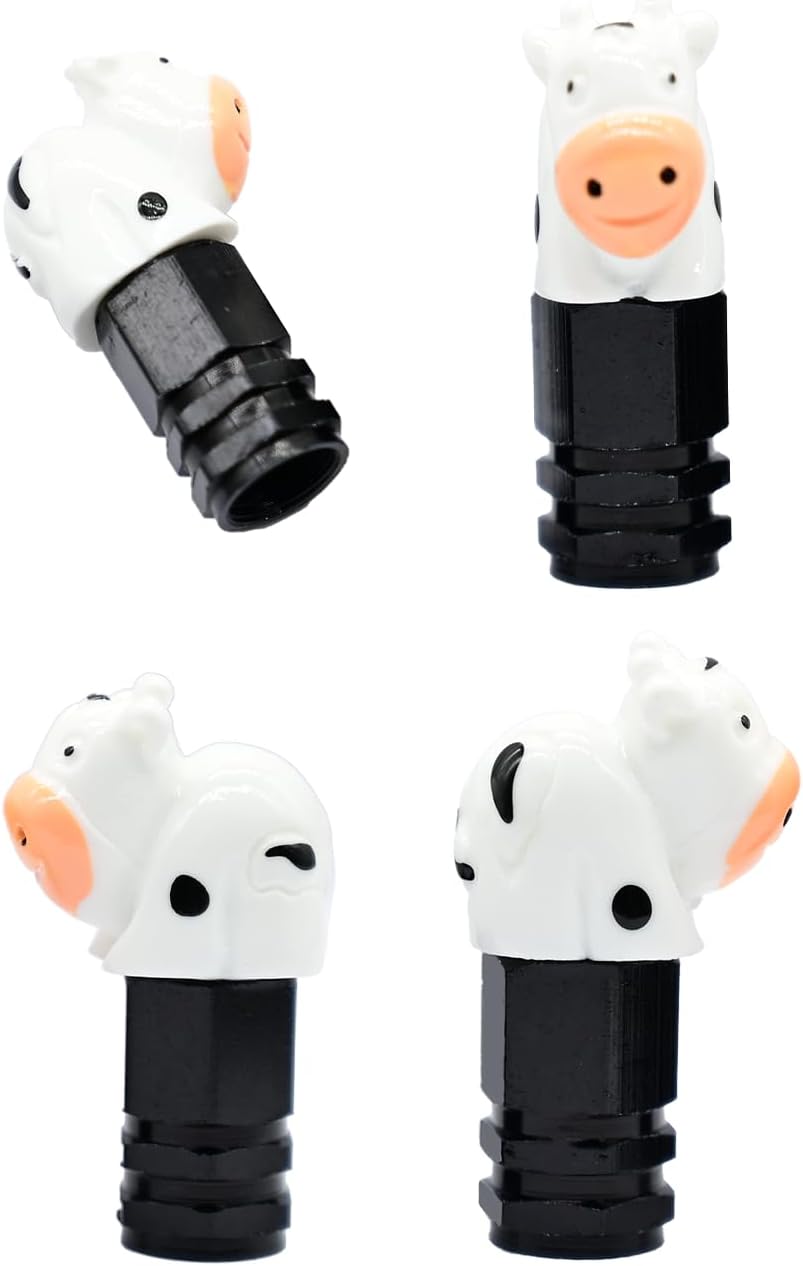 4-Pack White Cow Valve Stem Caps for Schrader Valves, Glossy Finish, Farm Theme, Durable Metal Base, Fun Auto Tire Accessories for Car, Truck, SUV, and Bike Enthusiasts