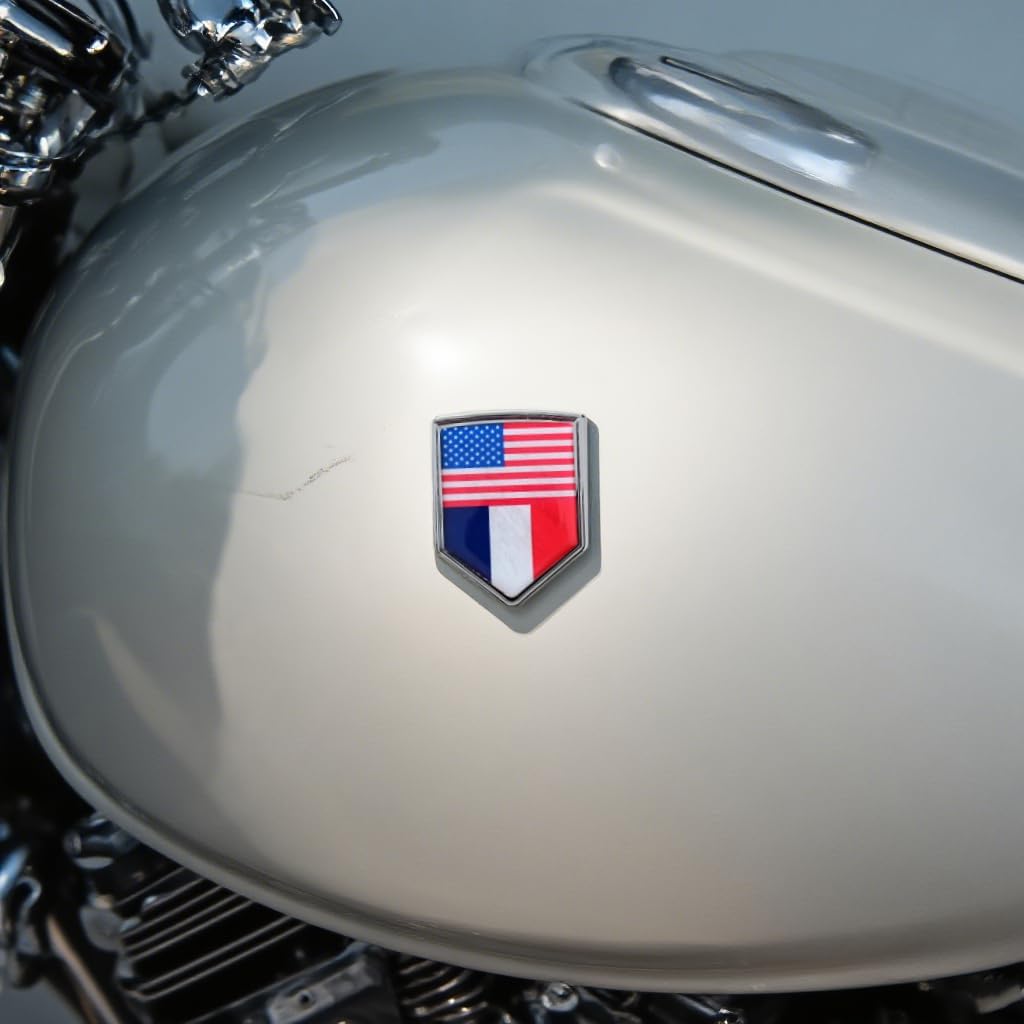 2-Pack USA and France Flag Car Chrome 3D Emblem Decal Sticker, Aluminum Alloy Shield Shape, Premium Metal Badge for Cars, Trucks, SUVs – Easy Peel and Stick, Durable, Ideal for USA-France Relations
