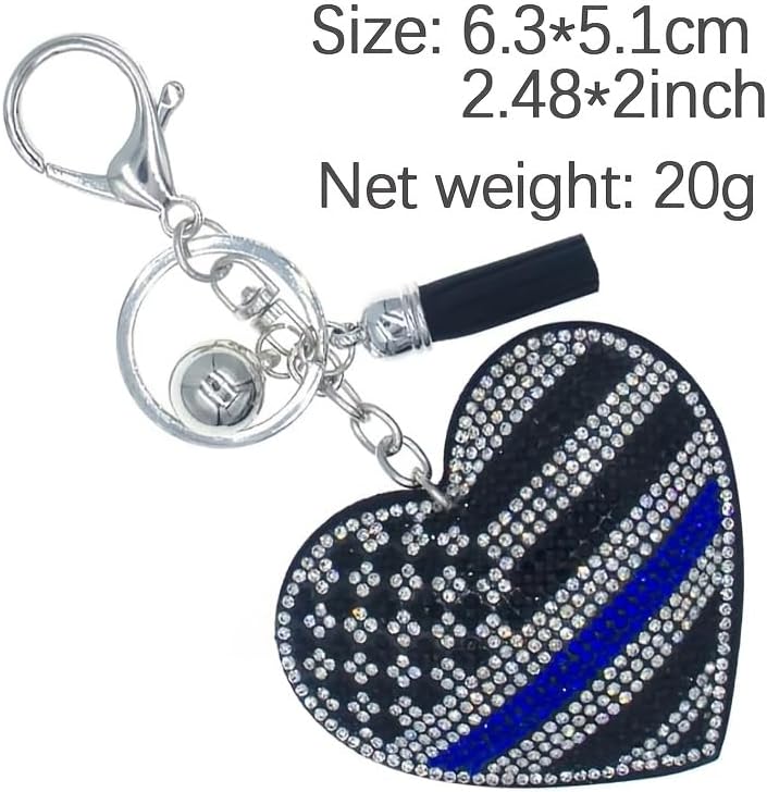 2-Pack Thin Blue Line Heart Keychain - Rhinestone Embellished Accessory for Law Enforcement - Perfect for Keys, Bags, or Backpacks - 2.48 x 2 Inches