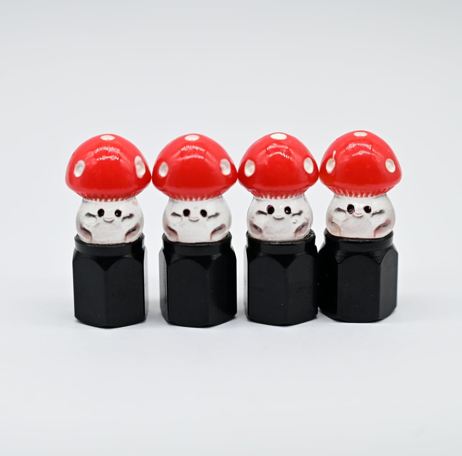4-Pack Handmade Mushroom Tire Valve Stem Caps, Colorful Red & White Design for Schrader Valves, Cute Car & Bike Accessory, Unique Driver Gift, Novelty Wheel Accent (Black)