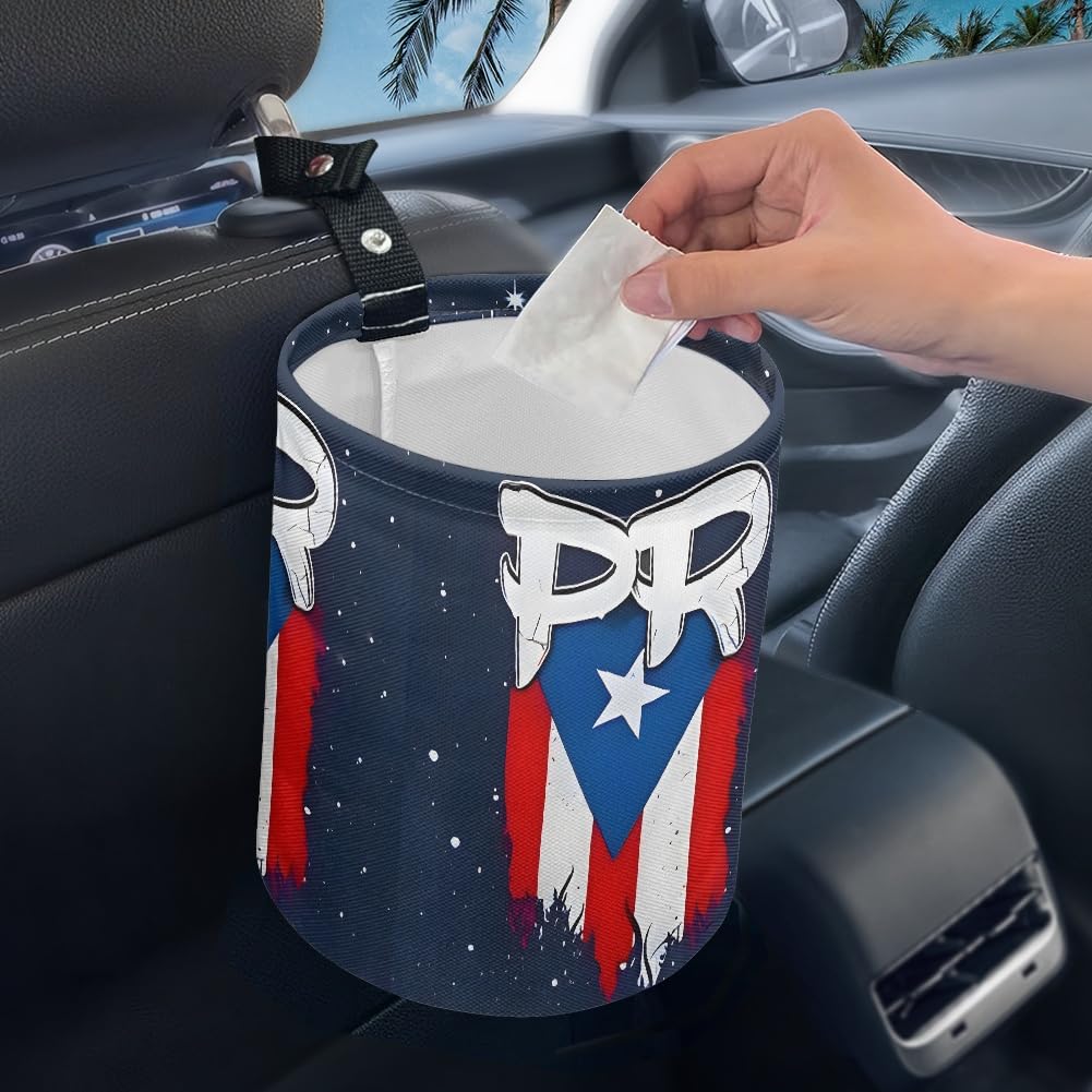 Puerto Rico Flag Car Trash Can with Adjustable Strap, Waterproof Bottom, Foldable and Portable – Ideal for Cars, Trucks, SUVs, Offices – Durable Polyester, Convenient for Organization