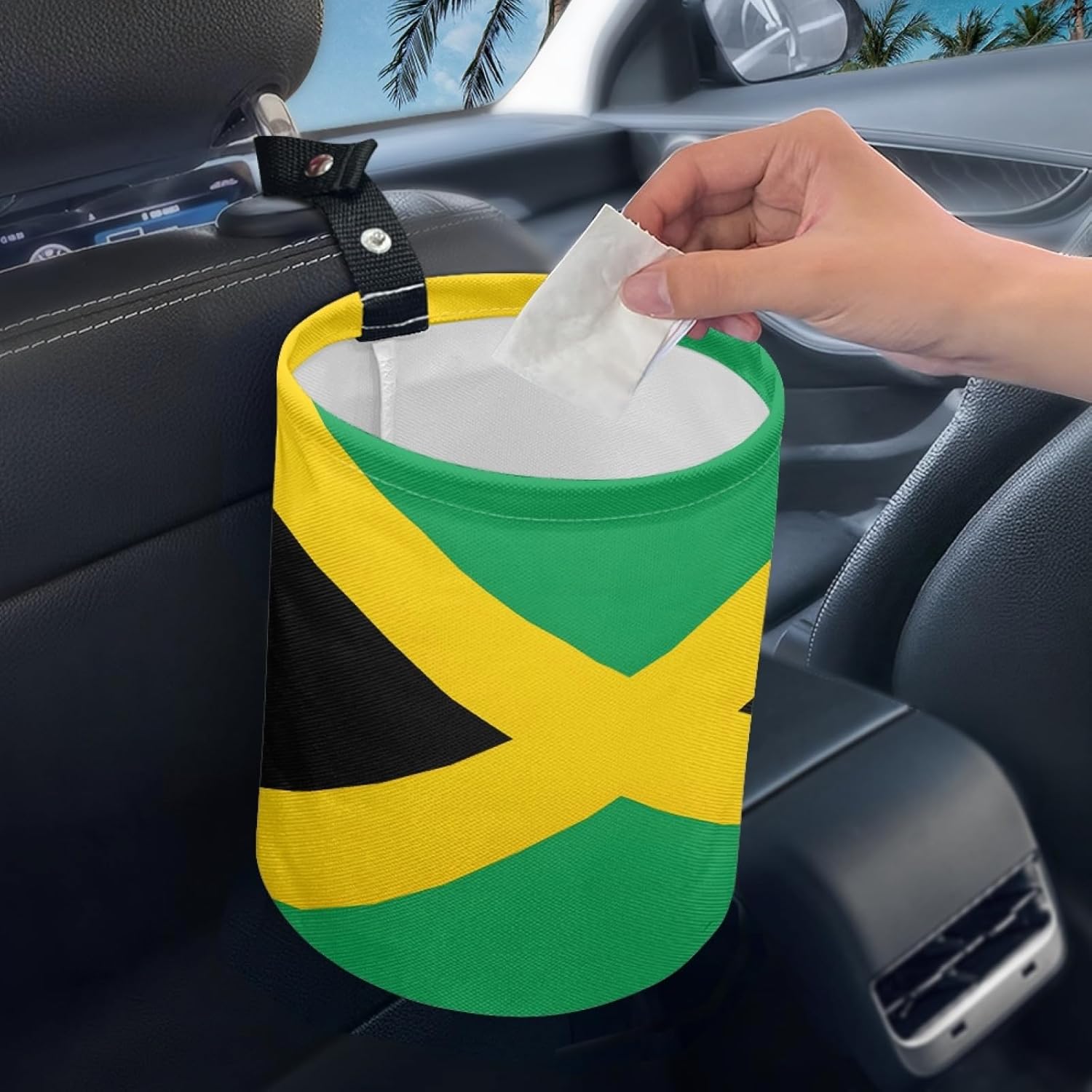 Jamaica Flag Car Trash Can with Adjustable Strap, Waterproof Bottom, Foldable and Portable – Ideal for Cars, Trucks, SUVs, Offices – Durable Polyester, Space-Saving for Easy Organization