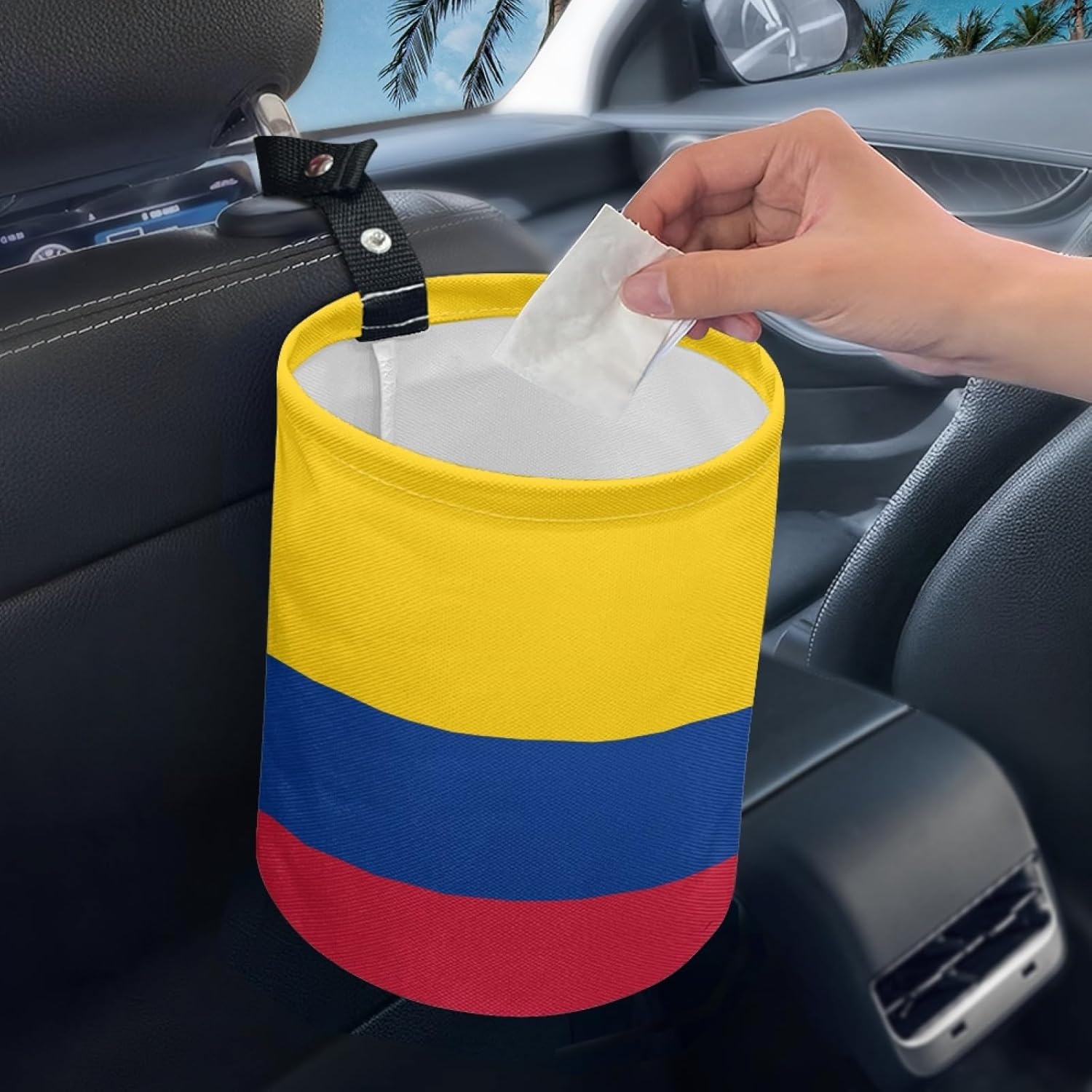 Colombia Flag Car Trash Can with Adjustable Strap, Waterproof Bottom, Foldable and Portable – Ideal for Cars, Trucks, SUVs, Offices – Compact, Convenient for Easy Car Organization