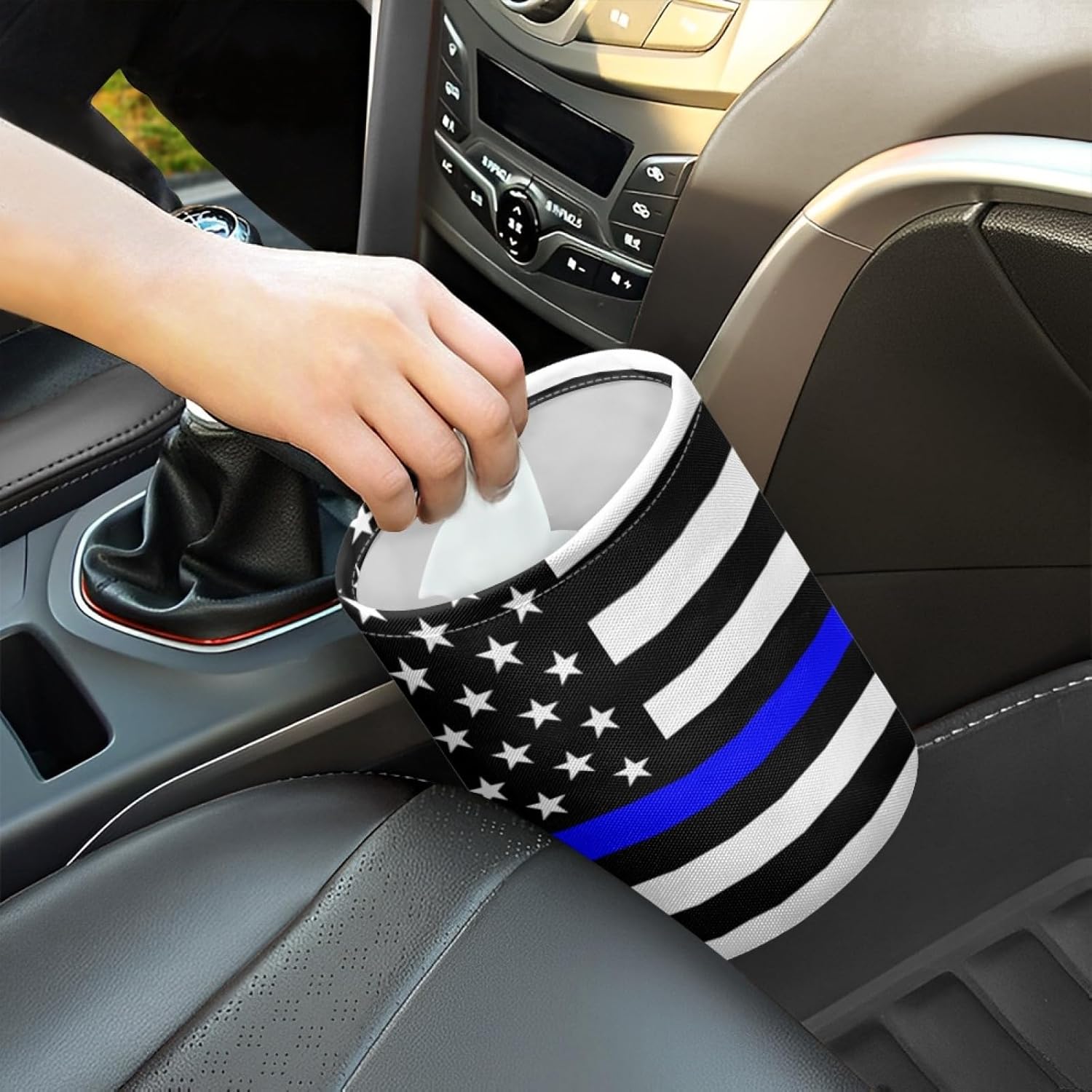 USA Thin Blue Line Flag Car Trash Can – Adjustable Strap, Waterproof, Foldable, Portable – Durable Polyester, Space-Saving, Ideal for Cars, Trucks, SUVs, Offices, Law Enforcement Support