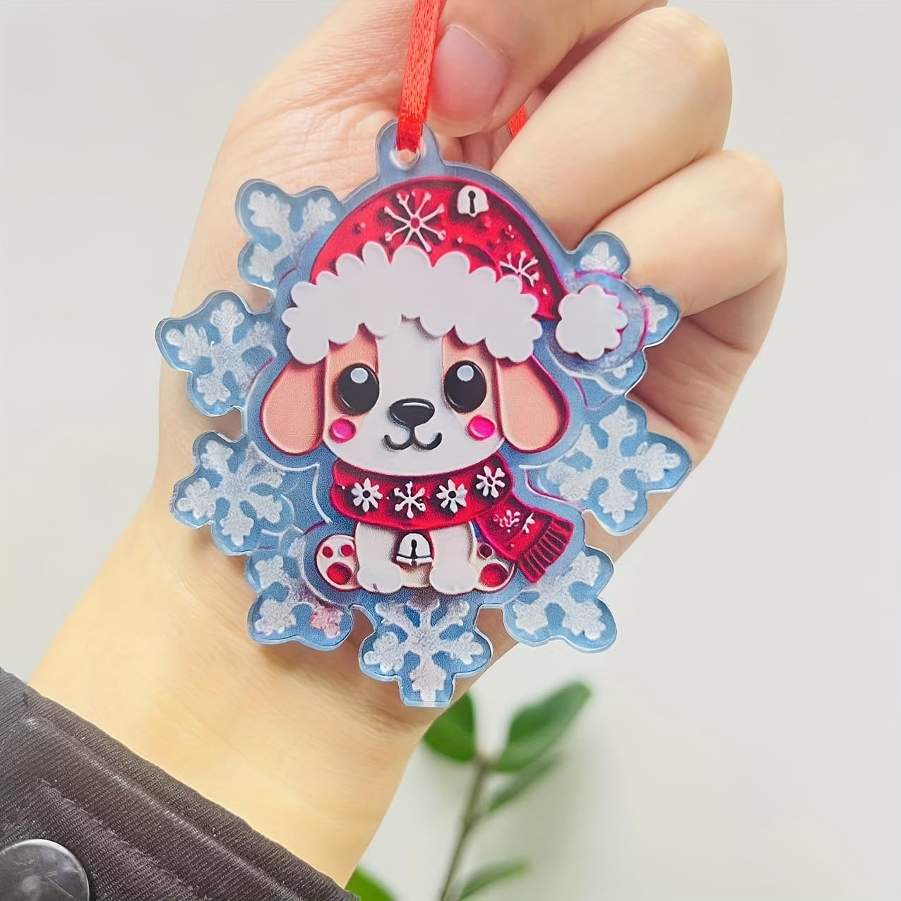 2-Pack Christmas Dog Ornament - Acrylic Material, Snowflake with Santa Hat Dog, Festive Holiday Decor for Car, Home, or Tree, for Dog Lovers, 3.14 x 3.14 Inches