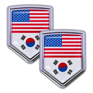 Xalvoria 2-pack dual flag car emblem stickers featuring United States and South Korea flags in a shield design, chrome-finish automotive badge decals for vehicle exterior decoration
