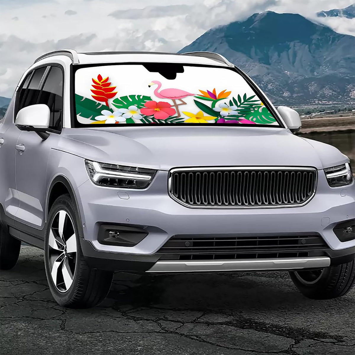 Xalvoria flamingo tropical car windshield sunshade installed on SUV, colorful floral and flamingo design providing full front windshield coverage