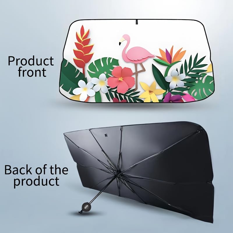 Xalvoria flamingo tropical floral car windshield sunshade showing front design and back structure with foldable umbrella-style framea