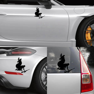 Xalvoria black hunting deer silhouette vinyl decal applied on different vehicle areas, including car door, rear quarter panel, and window, showing real-world car exterior application scenarios.