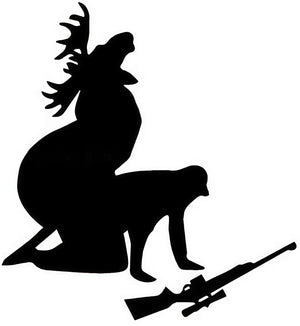 Black moose hunter silhouette vinyl decal on white background, hunting rifle graphic sticker design