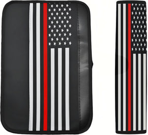 Xalvoria red line American flag seat belt cover and matching pad shown together