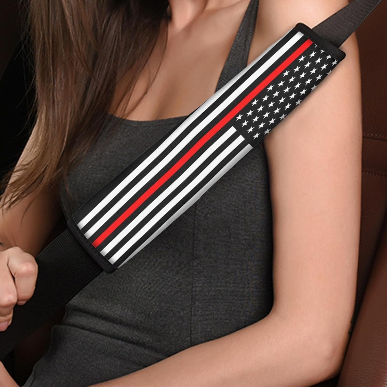 Xalvoria red line American flag seat belt cover shown on shoulder for added comfort