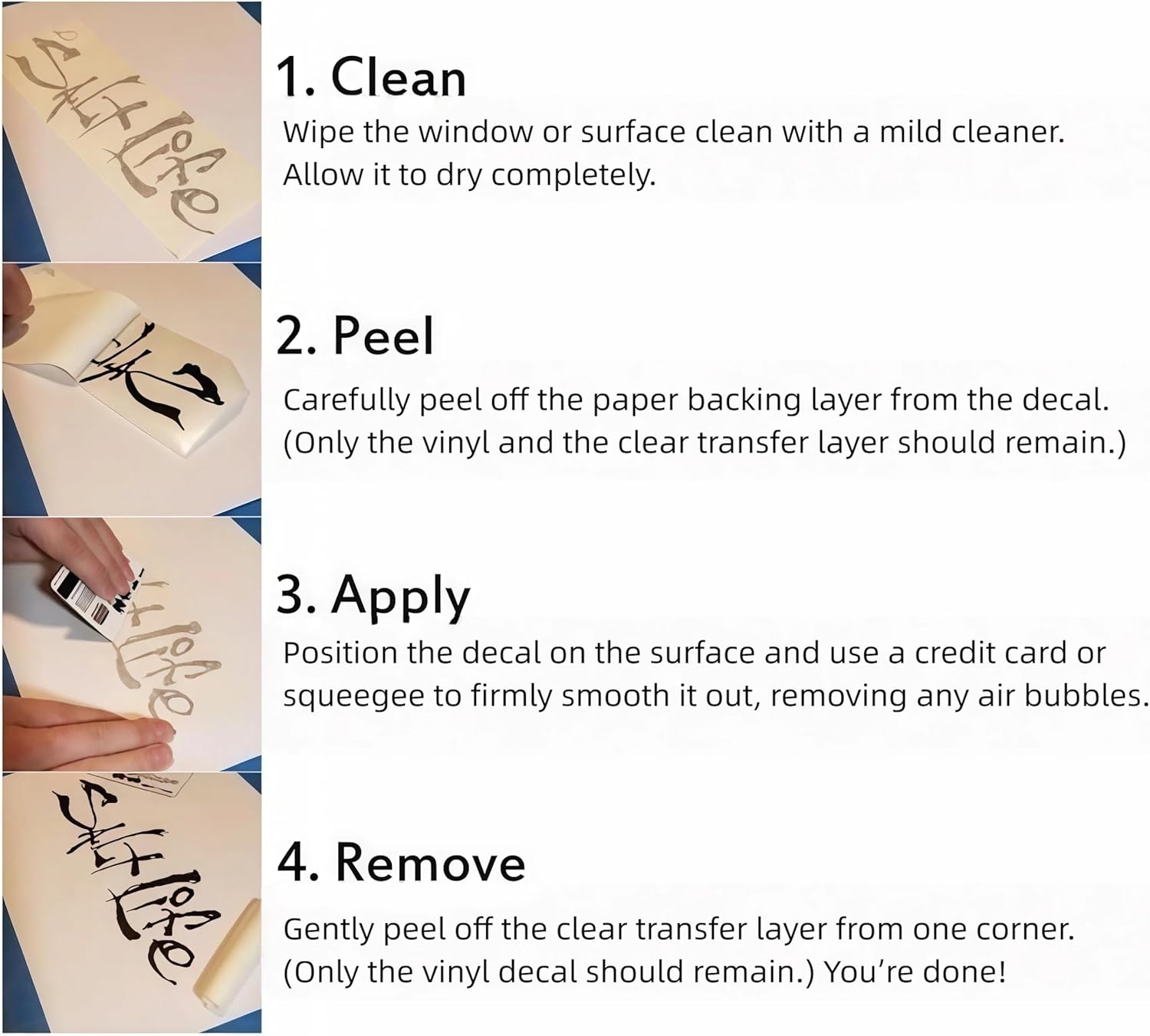Xalvoria vinyl decal installation guide showing four steps—clean the surface, peel the backing, apply the decal smoothly, and remove the transfer layer for a clean finished look.