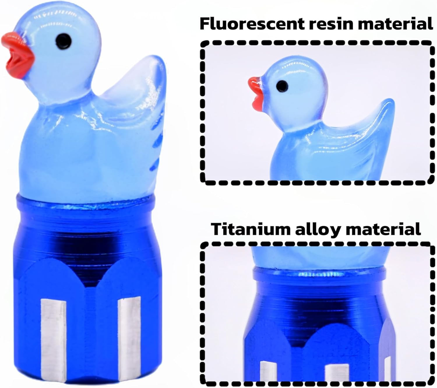 Blue duck-shaped valve stem cap showing material details, featuring a fluorescent resin duck top and a durable titanium alloy base.